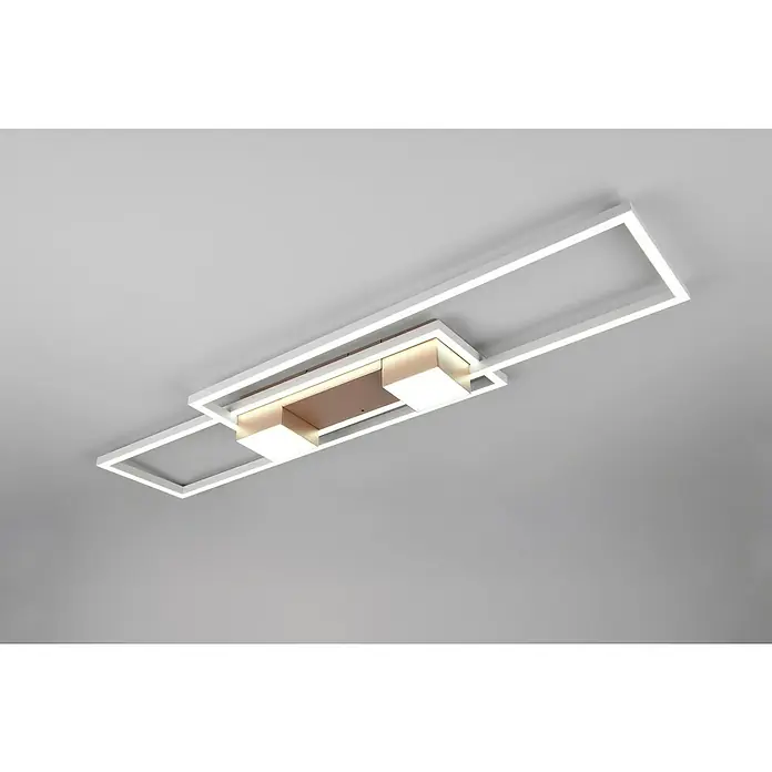 Trio Leuchten LED-Deckenleuchte Albany - 37 W, L x B x H: 100 x 28 x 8 cm, Coffee - Moderne LED-Deckenleuchte mit geometrischem Design in Weiß und warmen Holztönen, die eine stilvolle Beleuchtung bietet.