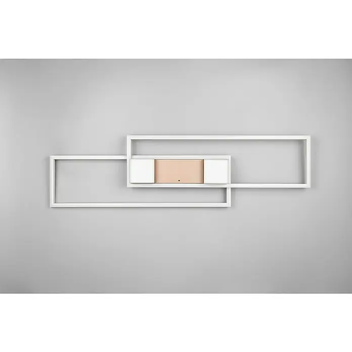 Trio Leuchten LED-Deckenleuchte Albany - 37 W, L x B x H: 100 x 28 x 8 cm, Coffee - Wandregal mit zwei weißen Rechteckrahmen und einer rosa Platte mit weißen Seiten für stilvolle Aufbewahrung.