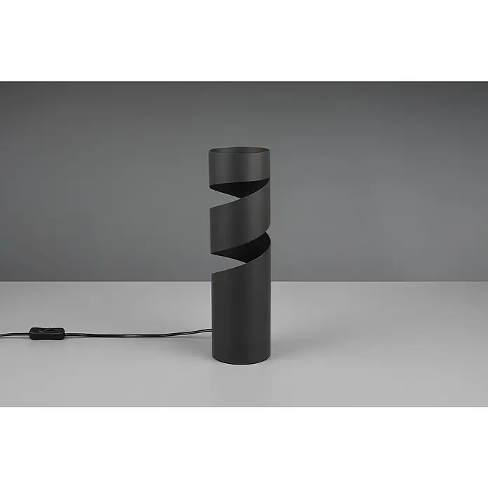 Trio Lighting Stream Lámpara de sobremesa - 10 W, Ø x Al: 10 x 35 cm, Negro, GU10 - Primer plano de una elegante lámpara de pie gris en forma de espiral con un cable e interruptor elegantes, sobre una superficie brillante y un fondo gris.