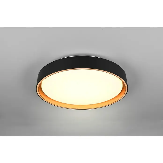 Reality Leuchten LED-Deckenleuchte rund Felis - 24 W, Ø x H: 40 x 7,5 cm, Schwarz/Gold - Eine moderne, runde Deckenleuchte in Schwarz und Gold mit warmweißem Licht. Ideal für Wohnzimmer oder Schlafzimmer.