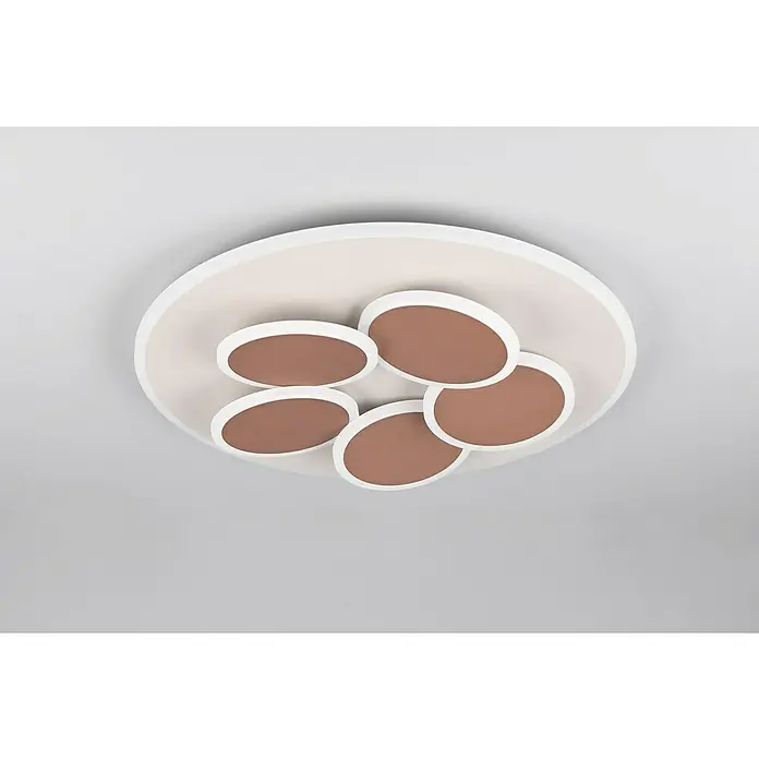Trio Leuchten LED-Deckenleuchte rund - 35 W, Ø x H: 49 x 7,5 cm, Warm grey, Warmweiß - Deckenleuchte mit fünf braunen Ellipsen, umgeben von weißen Rändern, montiert auf einer runden, cremefarbenen Deckenplatte.