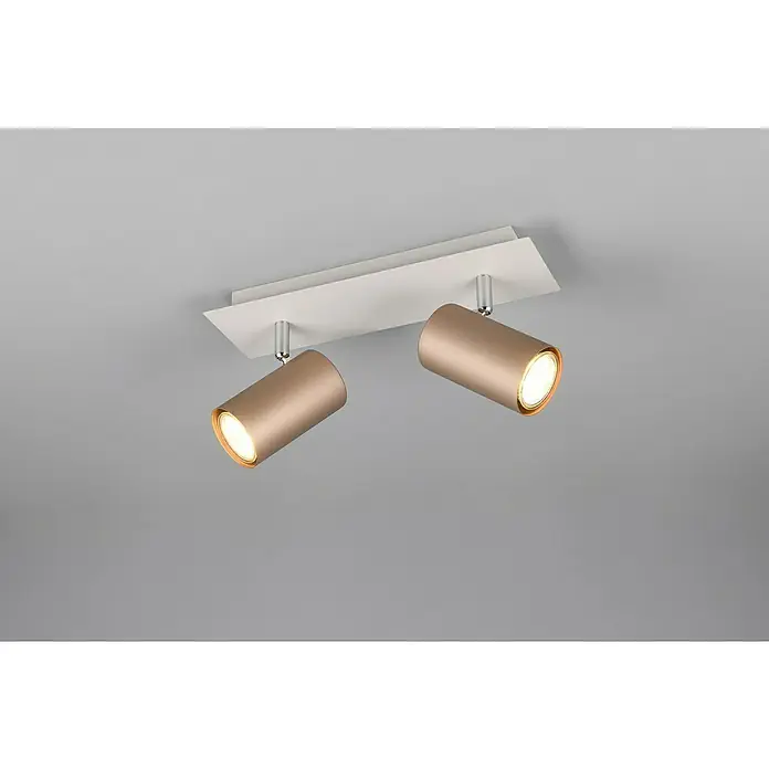 Trio Leuchten Marley Deckenstrahler - 35 W, L x B x H: 9 x 30 x 15 cm, Coffee, GU10 - Moderne Deckenleuchte mit zwei verstellbaren, goldfarbenen Spots auf einer weißen Montageplatte, die für eine stilvolle Beleuchtung sorgt.