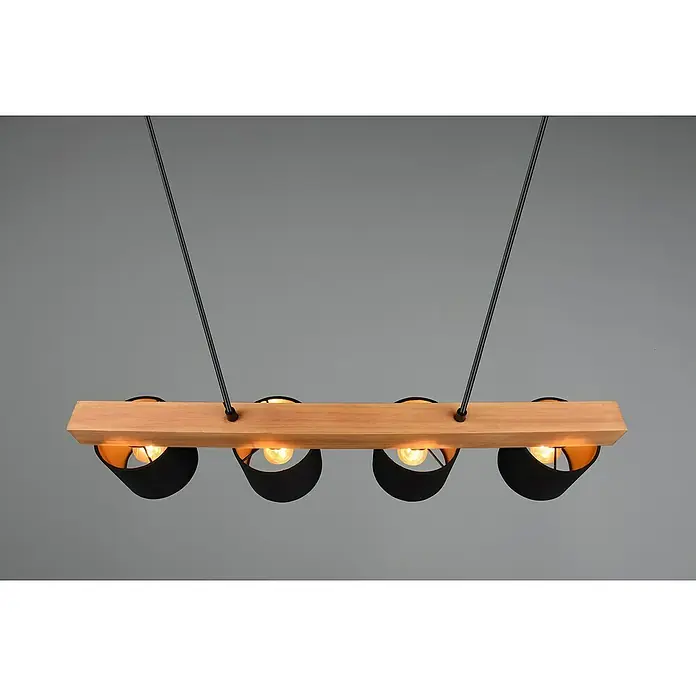 Reality Leuchten Pendelleuchte Cameron - L x B x H: 12 x 75 x 150 cm, Bruan naturbelassen, E27 - Hängelampe mit Holzleiste und vier schwarzen Lampenschirmen. Warmes Licht erhellt den Raum. Elegantes Design für modernes Ambiente.