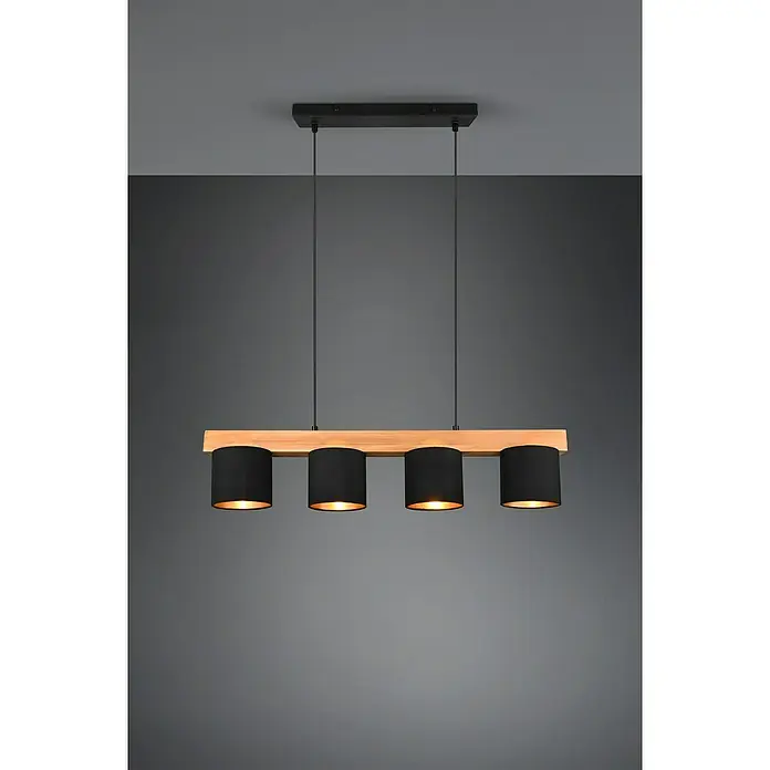 Reality Leuchten Pendelleuchte Cameron - L x B x H: 12 x 75 x 150 cm, Bruan naturbelassen, E27 - Deckenleuchte mit vier Lampenschirmen in Schwarz und einer Holzleiste. Das elegante Design erhellt jeden Raum stilvoll.