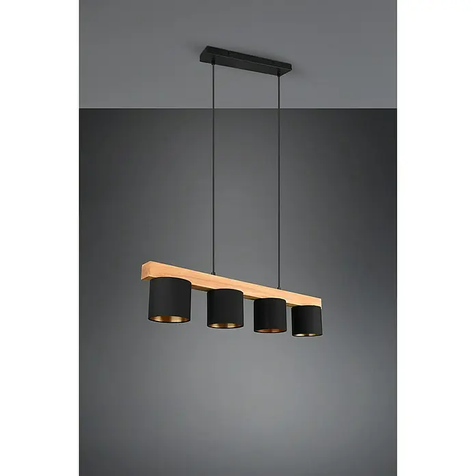Reality Leuchten Pendelleuchte Cameron - L x B x H: 12 x 75 x 150 cm, Bruan naturbelassen, E27 - Elegante Hängelampe mit vier schwarzen Lampenschirmen und Holzdetails, die eine warme und stilvolle Beleuchtung bietet.
