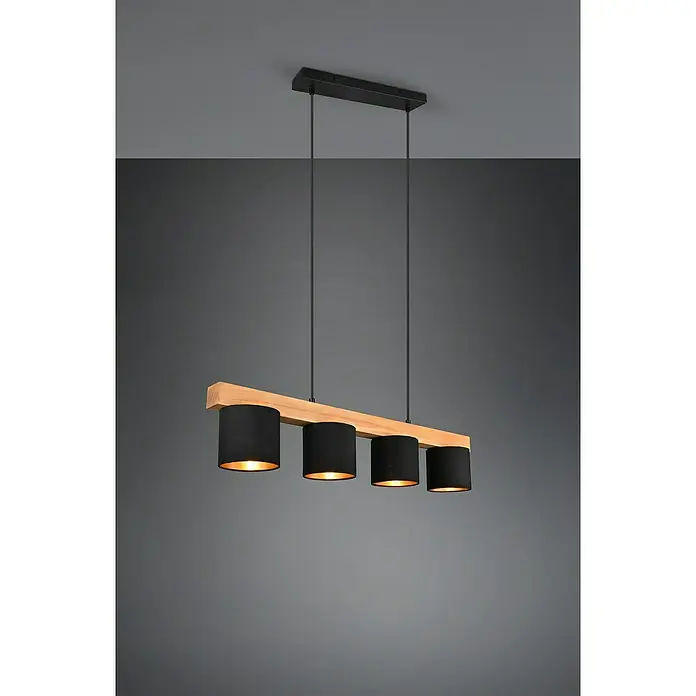 Reality Leuchten Pendelleuchte Cameron - L x B x H: 12 x 75 x 150 cm, Bruan naturbelassen, E27 - Moderne Hängelampe mit vier schwarzen Lampenschirmen und einem Holzbalken, die eine warme und stilvolle Beleuchtung bietet.
