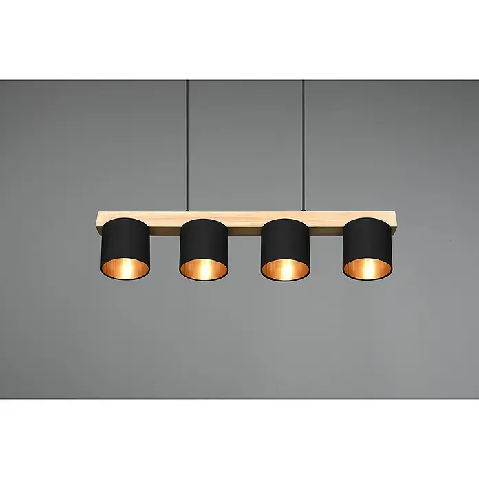 Reality Leuchten Pendelleuchte Cameron - L x B x H: 12 x 75 x 150 cm, Bruan naturbelassen, E27 - Moderne Hängelampe mit vier schwarzen Lampenschirmen und einer Holzaufhängung, die ein warmes Licht ausstrahlt. Elegantes Design für stilvolle Innenräume.