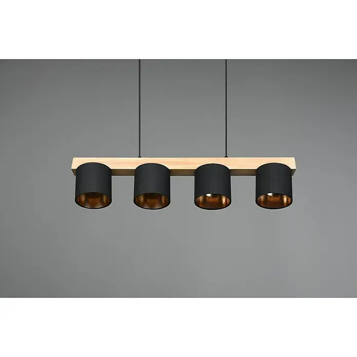 Reality Leuchten Pendelleuchte Cameron - L x B x H: 12 x 75 x 150 cm, Bruan naturbelassen, E27 - Moderne Hängelampe mit vier schwarzen Zylindern und goldfarbener Innenseite, montiert auf einem hellen Holzsockel. Stilvolle Beleuchtung für jeden Raum.