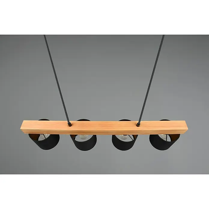 Reality Leuchten Pendelleuchte Cameron - L x B x H: 12 x 75 x 150 cm, Bruan naturbelassen, E27 - Holzlampe mit vier schwarzen Lampenschirmen hängt an zwei schwarzen Kabeln vor grauem Hintergrund.