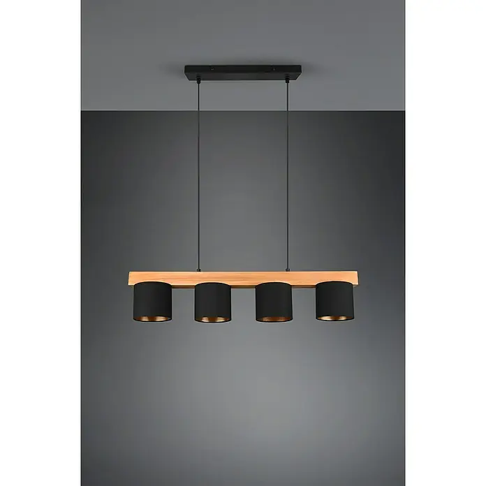 Reality Leuchten Pendelleuchte Cameron - L x B x H: 12 x 75 x 150 cm, Bruan naturbelassen, E27 - Holz-Pendelleuchte mit vier zylindrischen Lampenschirmen in Schwarz und Gold für eine moderne Raumbeleuchtung.