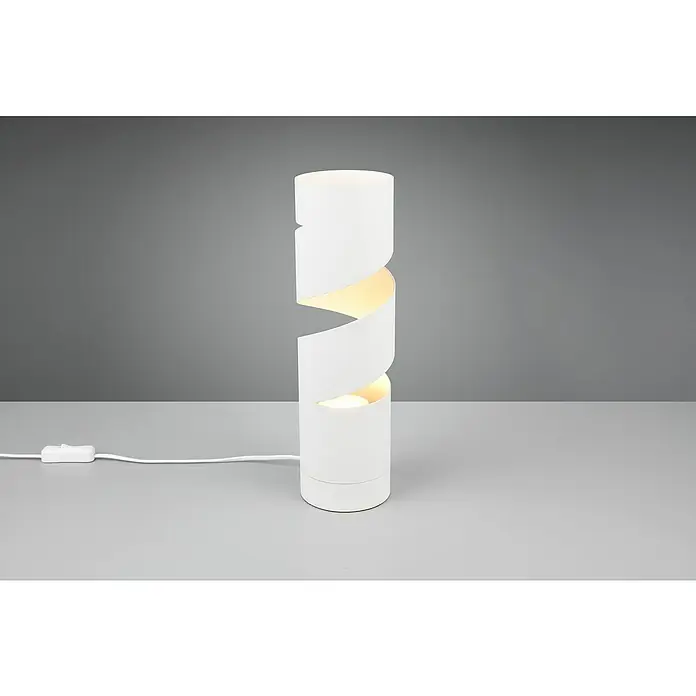 Trio Lighting Stream Lámpara de sobremesa - 10 W, Ø x Al: 10 x 35 cm, Blanco, GU10 - Primer plano de una moderna lámpara de mesa blanca con un diseño en espiral, que irradia una luz cálida y acogedora y crea un ambiente elegante.