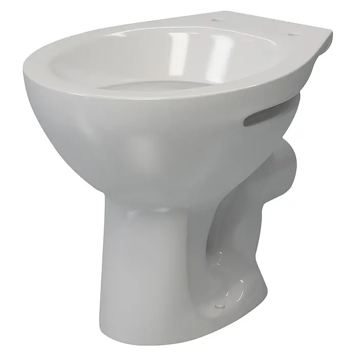 Stand-WC Delta - Mit Spülrand, Ohne Spezialglasur, Spülform: Tief, WC Abgang: Waagerecht, Weiß - Nahaufnahme einer weißen Toilette, die ein elegantes und hygienisches Design für moderne Badezimmer zeigt.