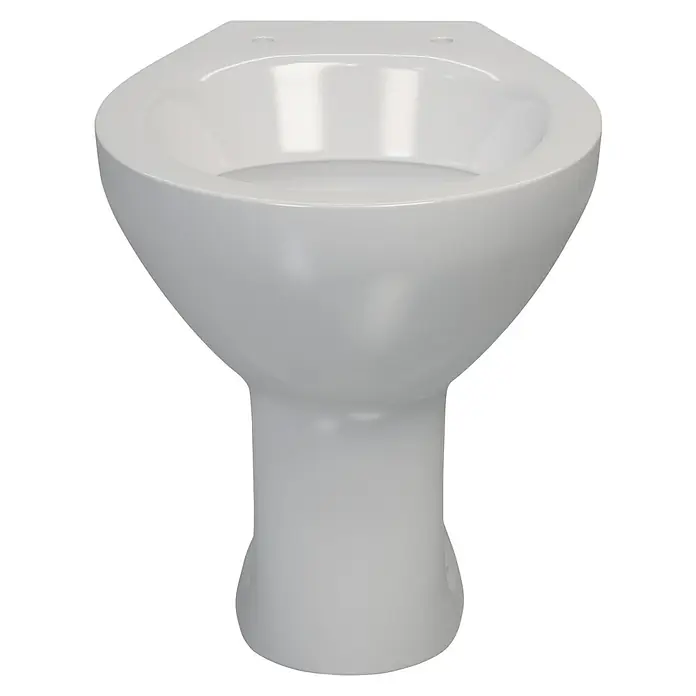 Stand-WC Delta - Mit Spülrand, Ohne Spezialglasur, Spülform: Tief, WC Abgang: Waagerecht, Weiß - Dieses Bild zeigt ein elegantes, weißes Wand-WC-Becken. Das Design ist modern und minimalistisch, ideal für stilvolle Badezimmer.