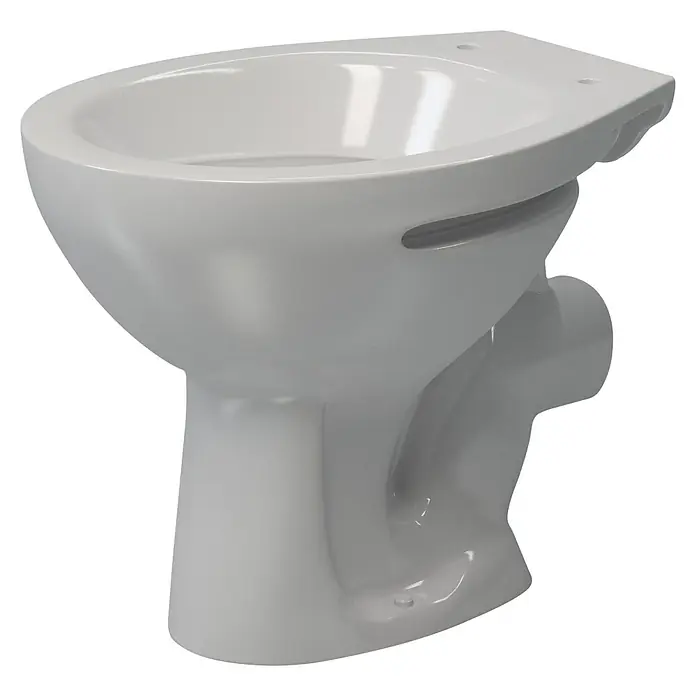 Stand-WC Delta - Mit Spülrand, Ohne Spezialglasur, Spülform: Tief, WC Abgang: Waagerecht, Weiß - Nahaufnahme einer spülrandlosen Toilette in Weiß mit glatter Oberfläche und abgerundeter Form, ideal für moderne Badezimmer.