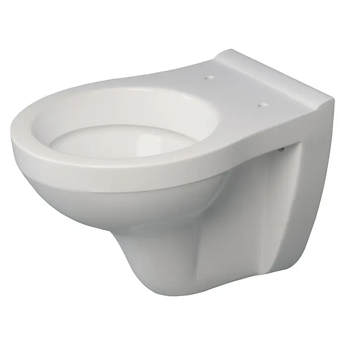 Wand-WC Delta - Mit Spülrand, Ohne Spezialglasur, Spülform: Tief, WC Abgang: Waagerecht, Weiß - Nahaufnahme einer weißen wandhängenden Toilette, die ein modernes Badezimmerdesign hervorhebt.\n