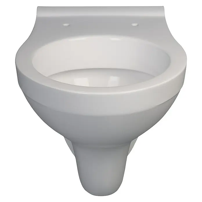 Wand-WC Delta - Mit Spülrand, Ohne Spezialglasur, Spülform: Tief, WC Abgang: Waagerecht, Weiß - Nahaufnahme einer weißen Wandtoilette mit minimalistischem Design und glatter Oberfläche. Ideal für moderne Badezimmer.