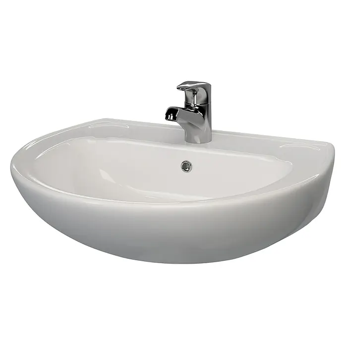 Waschtisch Delta - 54,8 x 46,3 cm, Ohne Spezialglasur, Hahnloch: Mitte, Mit Überlauf, Weiß - Nahaufnahme eines modernen, weißen Keramikwaschbeckens mit glänzendem Chromhahn vor einem schwarzen Hintergrund.