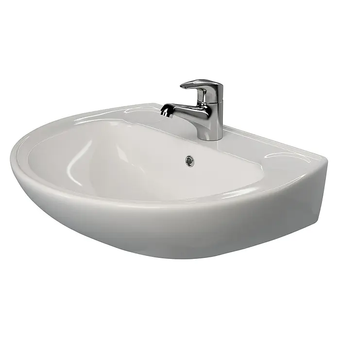 Waschtisch Delta - 54,8 x 46,3 cm, Ohne Spezialglasur, Hahnloch: Mitte, Mit Überlauf, Weiß - Nahaufnahme eines weißen Keramikwaschbeckens mit einem glänzenden Chromhahn.