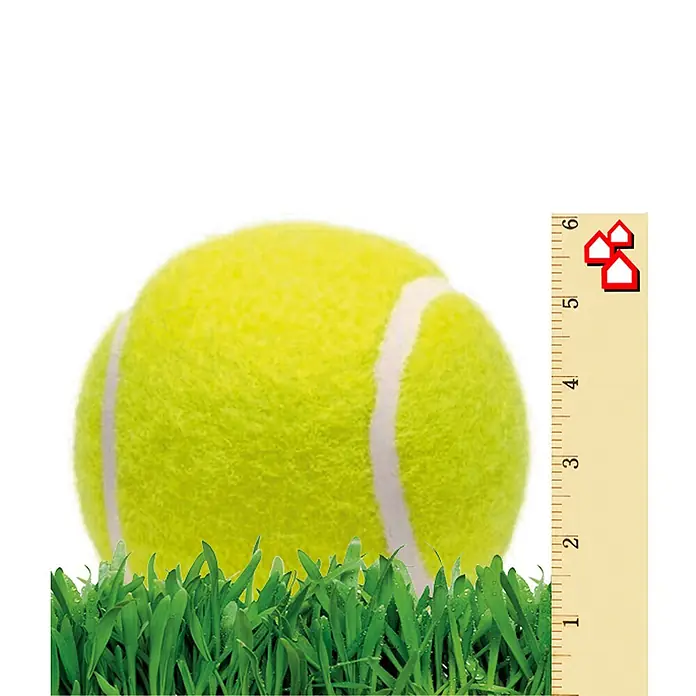 Césped artificial Varadero - 5 x 1 m, Altura del pelo: 20 mm, 17.850 puntadas/m² - Primer plano de una pelota de tenis sobre césped, junto a una regla con gráficos de casas impresos para orientación de tamaño.
