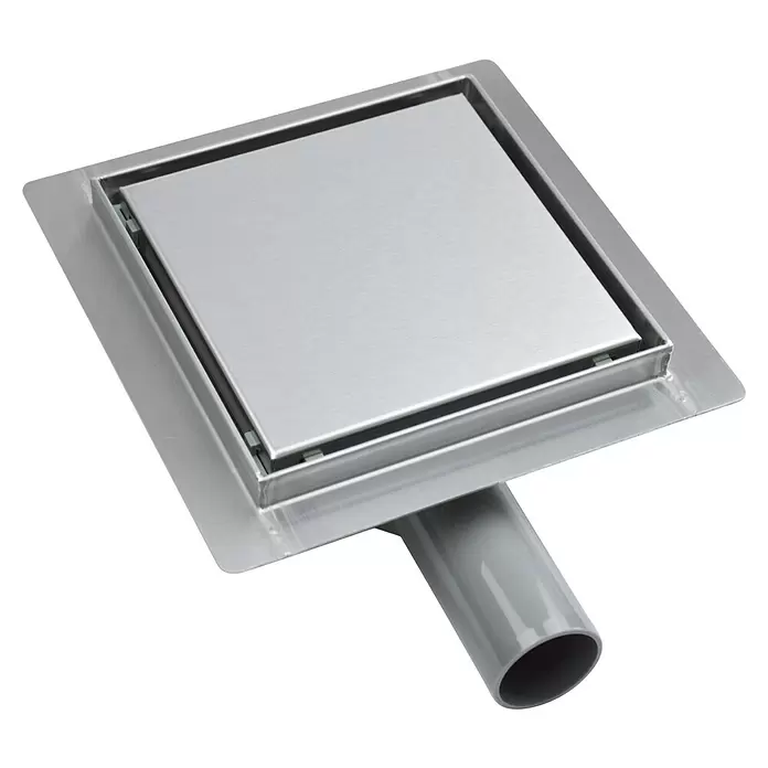 Sanicomfort Badablauf - 150 x 150 mm, Ablauf: Waagerecht, Durchmesser Rohranschluss: 40 mm, Variante 1 - Quadratischer Edelstahl-Duschablauf mit gebürsteter Oberfläche, abnehmbarer Abdeckung und integriertem grauem PVC-Rohr.
