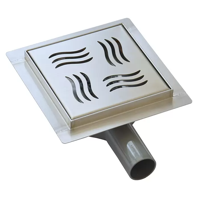 Sanicomfort Badablauf - 150 x 150 mm, Ablauf: Waagerecht, Durchmesser Rohranschluss: 40 mm, Variante 3 - Quadratischer Edelstahl-Bodenablauf mit wellenförmig geschlitztem Gitter und grauem Kunststoffrohranschluss.
