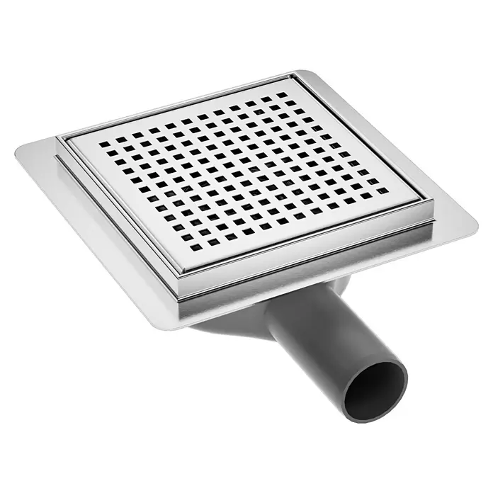 Sanicomfort Badablauf - 200 x 200 mm, Ablauf: Waagerecht, Durchmesser Rohranschluss: 40 mm, Variante 2 - Quadratischer Edelstahl-Bodenablauf mit quadratischem Gittermuster und dunkelgrauem Rohrauslass.