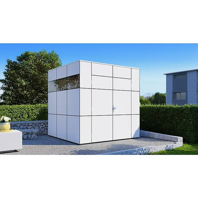 Bertilo Gerätehaus HPL 1 - Außenmaß inkl. Dachüberstand (B x T): 230 x 240 cm, Holz, Anthrazitgrau/ Weiß - Ein modernes, weißes Gartenhaus mit Fenster fügt sich nahtlos in die grüne Umgebung ein und bietet stilvollen Stauraum im Freien.
