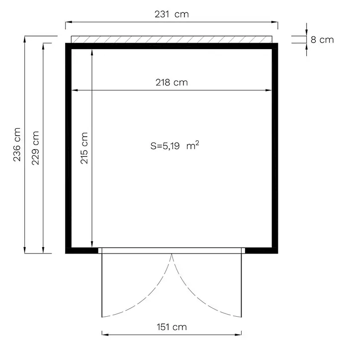 Bertilo Gerätehaus HPL 1 - Außenmaß inkl. Dachüberstand (B x T): 236 x 230 cm, Holz - Grundrisszeichnung eines Raumes mit den Maßen 231 x 236 cm und einer Fläche von 5,19 m², inklusive Türbereich und Wandstärken.