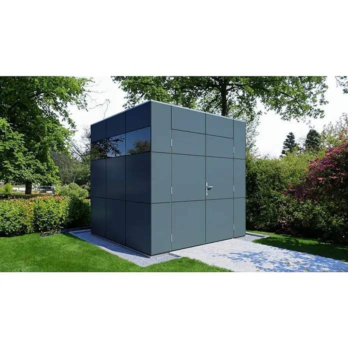 Bertilo Gerätehaus HPL 1 - Außenmaß inkl. Dachüberstand (B x T): 230 x 240 cm, Holz, Anthrazitgrau/ Weiß - Moderne Gartenbox mit quadratischem Design und grauen Paneelen, die eine stilvolle und funktionale Lösung für die Gartenaufbewahrung bietet.