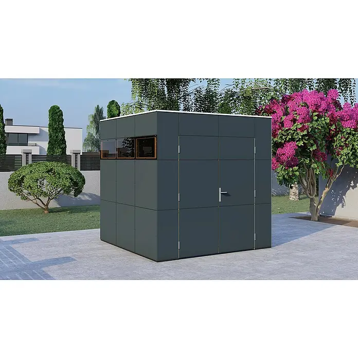 Bertilo Gerätehaus HPL 1 - Außenmaß inkl. Dachüberstand (B x T): 230 x 240 cm, Holz, Silbergrau/Anthrazitgrau - Moderne Gartenlaube aus dunklem Paneelmaterial mit Fenstern und Türgriff, umgeben von Grün.