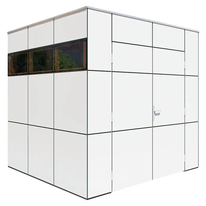 Bertilo Gerätehaus HPL 1 - Außenmaß inkl. Dachüberstand (B x T): 230 x 240 cm, Holz, Anthrazitgrau/ Weiß - Bild eines modernen Gartenhauses mit weißen Paneelen, Fenstern und Tür, ideal für die Aufbewahrung von Gartengeräten.