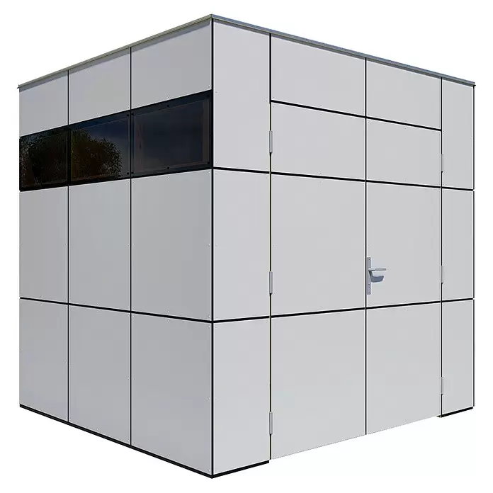 Bertilo Gerätehaus HPL 1 - Außenmaß inkl. Dachüberstand (B x T): 230 x 240 cm, Holz, Silbergrau/Anthrazitgrau - Hellesgraues modulares Plattengebäude mit dunklen Fenstern und Tür.