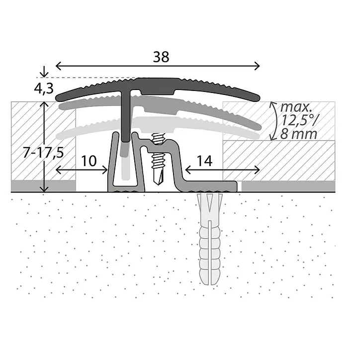 LOGOCLIC Übergangsprofil 401 - Silber, 0,9 m x 38 mm, Montageart: Schrauben - Schema eines Übergangsprofils mit Höhenausgleich und Maßen zur Anpassung an verschiedene Bodenbeläge.
