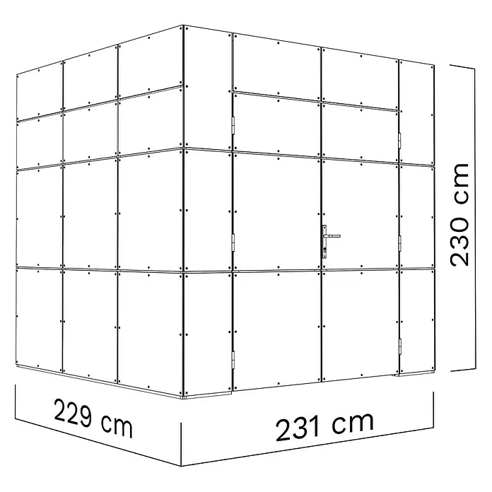 Bertilo Gerätehaus HPL 1 - Außenmaß inkl. Dachüberstand (B x T): 236 x 230 cm, Holz - Abbildung eines modularen Kubus-Gartenschuppens mit Maßangaben für Höhe, Breite und Tiefe.