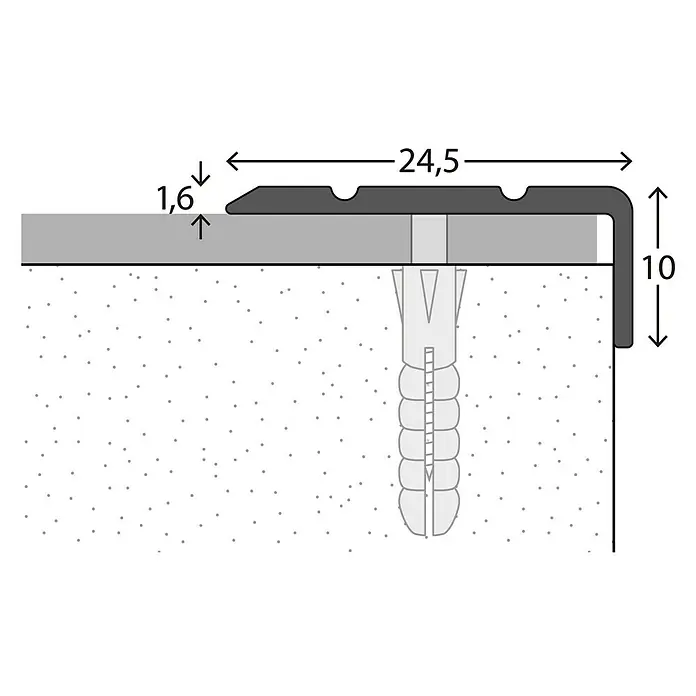 LOGOCLIC Winkelprofil 160 - Sahara, 1 m x 24,5 mm x 10 mm, Montageart: Schrauben - Darstellung eines Kantenprofils mit den Maßen 24,5 x 1,6 x 10 mm, befestigt mit einem Dübel in einer Wand.