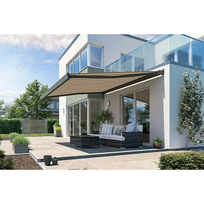 Solid Elements Vollkassettenmarkise Solid-X-Compact 320715 - Beige/Braun, Farbe Gestell: Anthrazitgrau, Breite: 4 m, Ausfall: 3 m - Ansicht einer stilvollen Terrasse mit einer eleganten Markise, die Schatten spendet und das moderne Design des Hauses ergänzt.