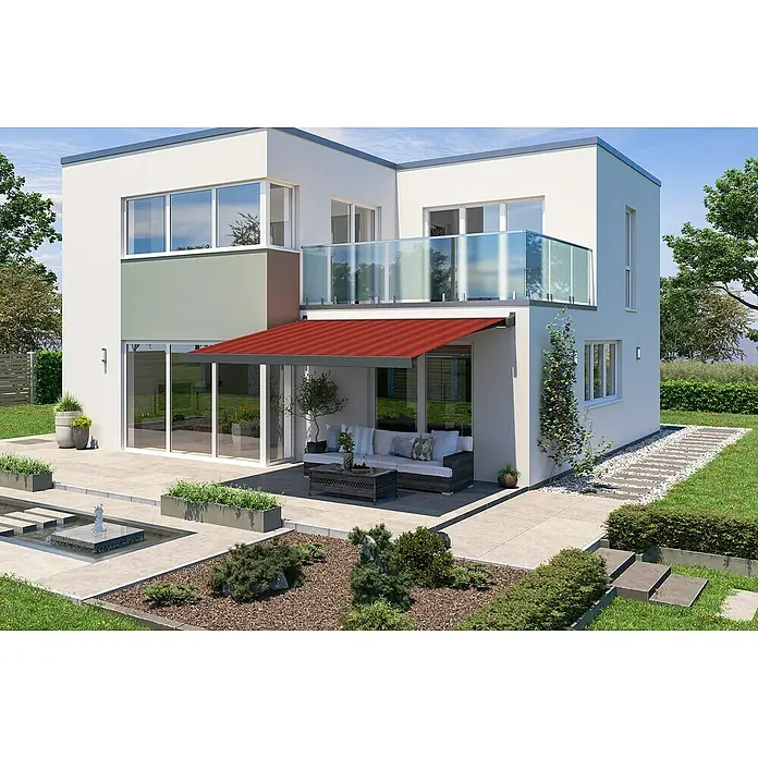 Solid Elements Vollkassettenmarkise Solid-X-Compact D035 - Rot/Bordeaux, Farbe Gestell: Anthrazitgrau, Breite: 4 m, Ausfall: 3 m - Moderne Hausansicht mit einer roten Markise über der Terrasse, die einen stilvollen und schattigen Außenbereich schafft.