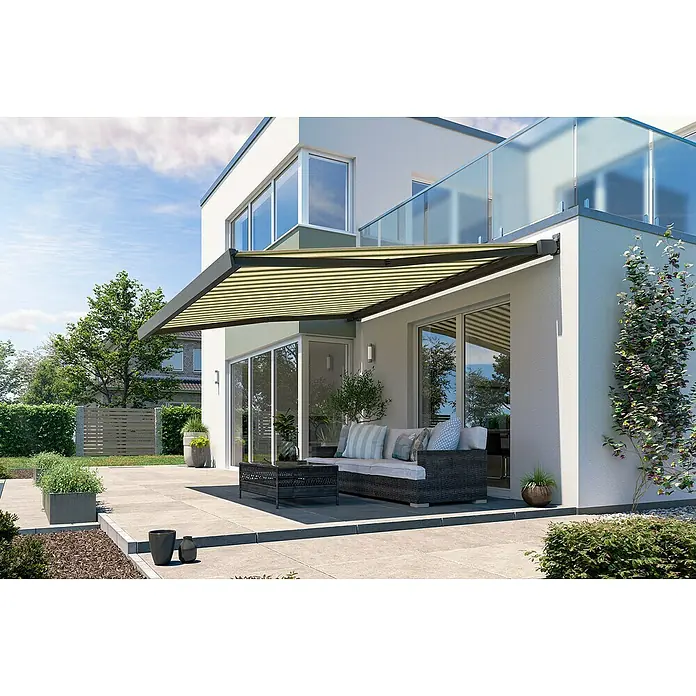 Solid Elements Vollkassettenmarkise Solid-X-Compact 320B70 - Grün/Beige, Farbe Gestell: Anthrazitgrau, Breite: 6 m, Ausfall: 3 m - Moderne Terrasse mit einer stilvollen Markise, die Schatten spendet und das Outdoor-Wohnzimmer ergänzt. Einladender Platz für entspannte Stunden im Freien.