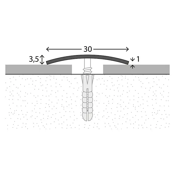 LOGOCLIC Übergangsprofil 112 - Edelstahl matt, 2,7 m x 30 mm x 3,5 mm, Montageart: Schrauben, Mittig versenkt gelocht - Illustration eines Übergangsprofils, das mit Schrauben und Dübeln auf zwei Bodenbelägen befestigt ist. Die Maße sind angegeben.