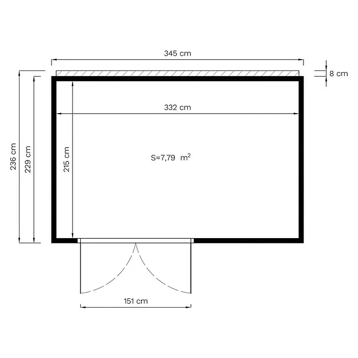 Bertilo Gerätehaus HPL 2 - Außenmaß inkl. Dachüberstand (B x T): 236 x 345 cm, Holz - Illustration eines Grundrisses mit Maßangaben, der die Abmessungen und die Raumaufteilung des Objekts darstellt.