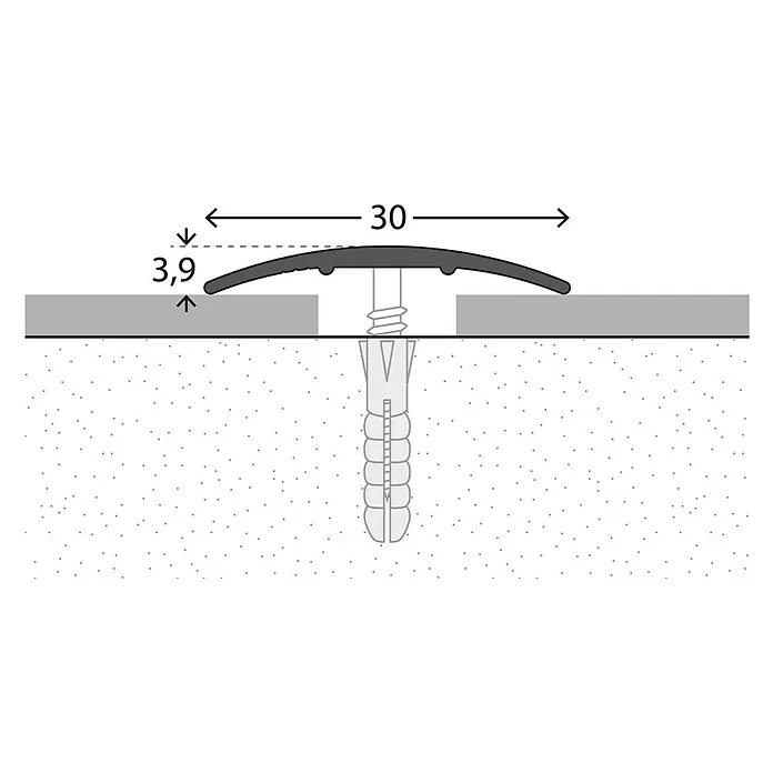 LOGOCLIC Übergangsprofil 130 - Sahara, 2,7 m x 30 mm x 3,9 mm, Montageart: Schrauben - Illustration eines Übergangsprofils mit Schraube und Dübel zur Befestigung auf unterschiedlichen Bodenbelägen.