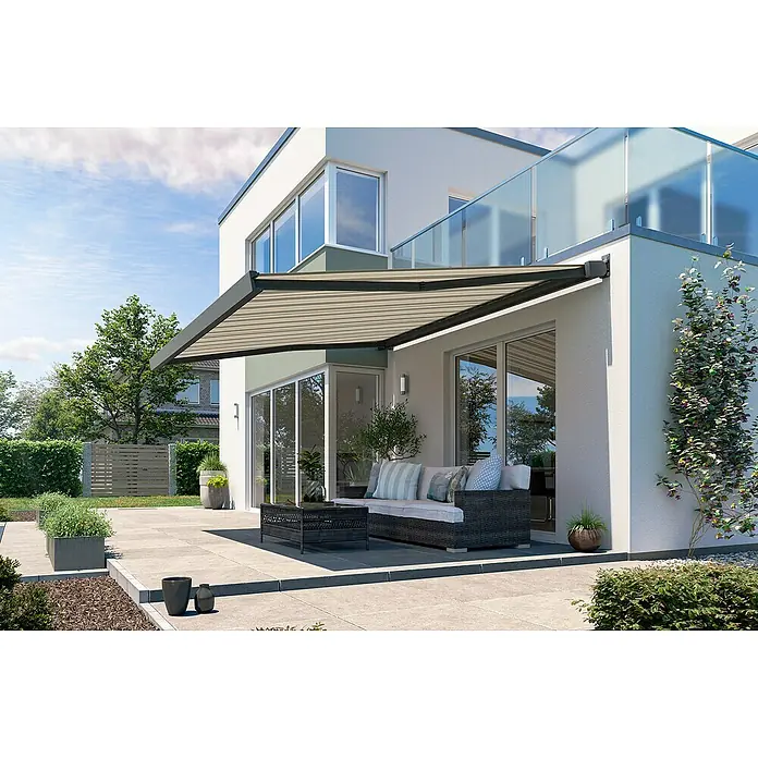 Solid Elements Vollkassettenmarkise Solid-X-Compact 8935 - Cappuccino, Farbe Gestell: Anthrazitgrau, Breite: 5 m, Ausfall: 2 m - Terrasse mit stilvoller Markise.