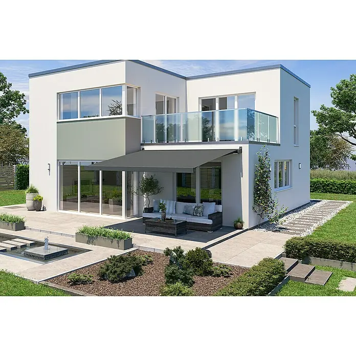 Solid Elements Vollkassettenmarkise Solid-X-Compact 320925 - Dunkelgrau strukturiert, Farbe Gestell: Anthrazitgrau, Breite: 5 m, Ausfall: 2,5 m - Elegantes Haus mit moderner Markise, die Schatten spendet. Die Terrasse lädt zum Verweilen im Freien ein.