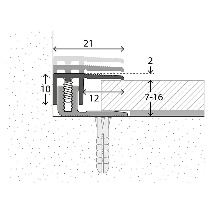 LOGOCLIC Abschlussprofil 222 - Edelstahl matt, 0,9 m x 21 mm, Montageart: Schrauben - Detailzeichnung eines Übergangsprofils mit Maßen, zur Veranschaulichung der Montage und der Dimensionen des Profils.