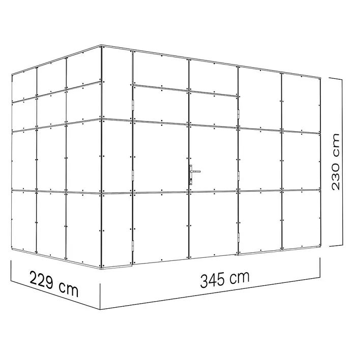 Bertilo Gerätehaus HPL 2 - Außenmaß inkl. Dachüberstand (B x T): 236 x 345 cm, Holz - Perspektivische Ansicht eines modularen Lagerraums mit den Maßen 229 cm x 345 cm x 230 cm, dargestellt in Schwarzweiß.