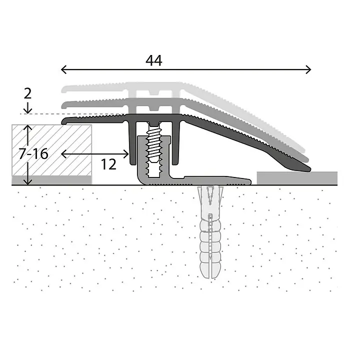 LOGOCLIC Anpassprofil 221 - Sahara, 2,7 m x 44 mm, Montageart: Schrauben - Eine schematische Darstellung eines Übergangsprofils mit Größenangaben, das Bodenbeläge unterschiedlicher Höhe verbindet.