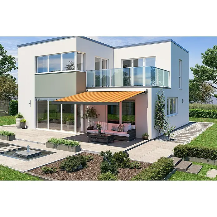 Solid Elements Vollkassettenmarkise Solid-X-Compact 320180 - Gelb/Orange, Farbe Gestell: Anthrazitgrau, Breite: 4 m, Ausfall: 3 m - Ein modernes Haus mit einer gelb-orange gestreiften Markise über der Terrasse. Die Markise spendet Schatten und wertet den Außenbereich auf.