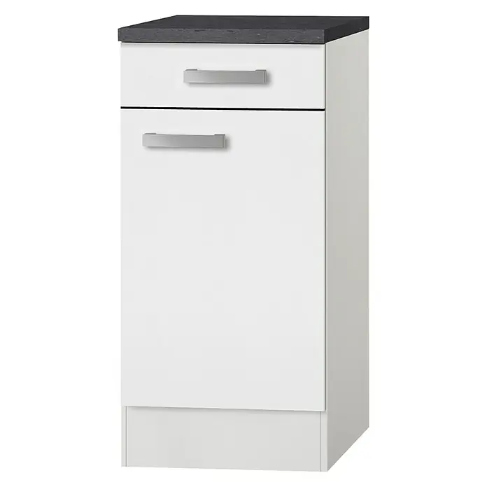 Optifit Oslo Küchen-Unterschrank - 60 x 40 x 84,8 cm, Weiß - Bild eines weißen Badezimmerschranks mit Schublade und dunkler Arbeitsplatte, ideal für kleine Räume.