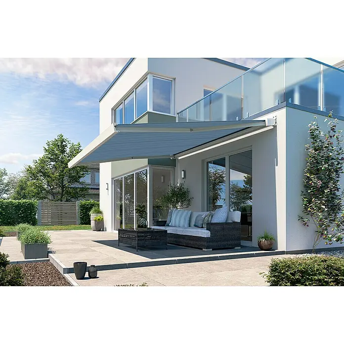 Solid Elements Vollkassettenmarkise Solid-X-Compact 320916 - Blau/Schwarz, Farbe Gestell: Reinweiß, Breite: 4 m, Ausfall: 1,5 m - Moderne Terrasse mit ausfahrbarer Markise für den perfekten Sonnenschutz. Die Markise spendet Schatten und erhöht den Komfort im Freien.