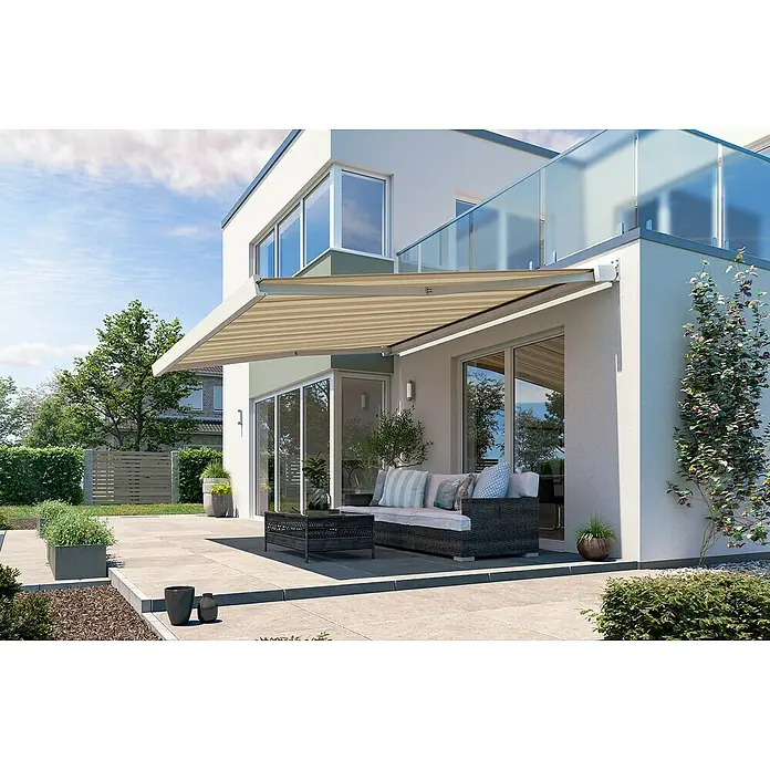 Solid Elements Vollkassettenmarkise Solid-X-Compact S-2238 - Hellbeige/Beige, Farbe Gestell: Reinweiß, Breite: 2 m, Ausfall: 1,5 m - Die elegante Markise spendet Schatten auf der Terrasse und bietet einen stilvollen Outdoor-Bereich für entspannte Stunden im Freien.